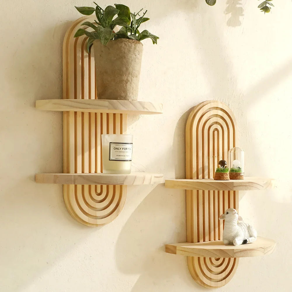 Bohemian Solid Wood Wall Shelf – Oval Flowerpot & Decor Holder