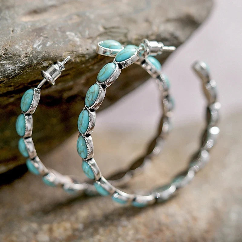 Huitan Large Hoop Earrings Imitation Turquoise – Vintage Style