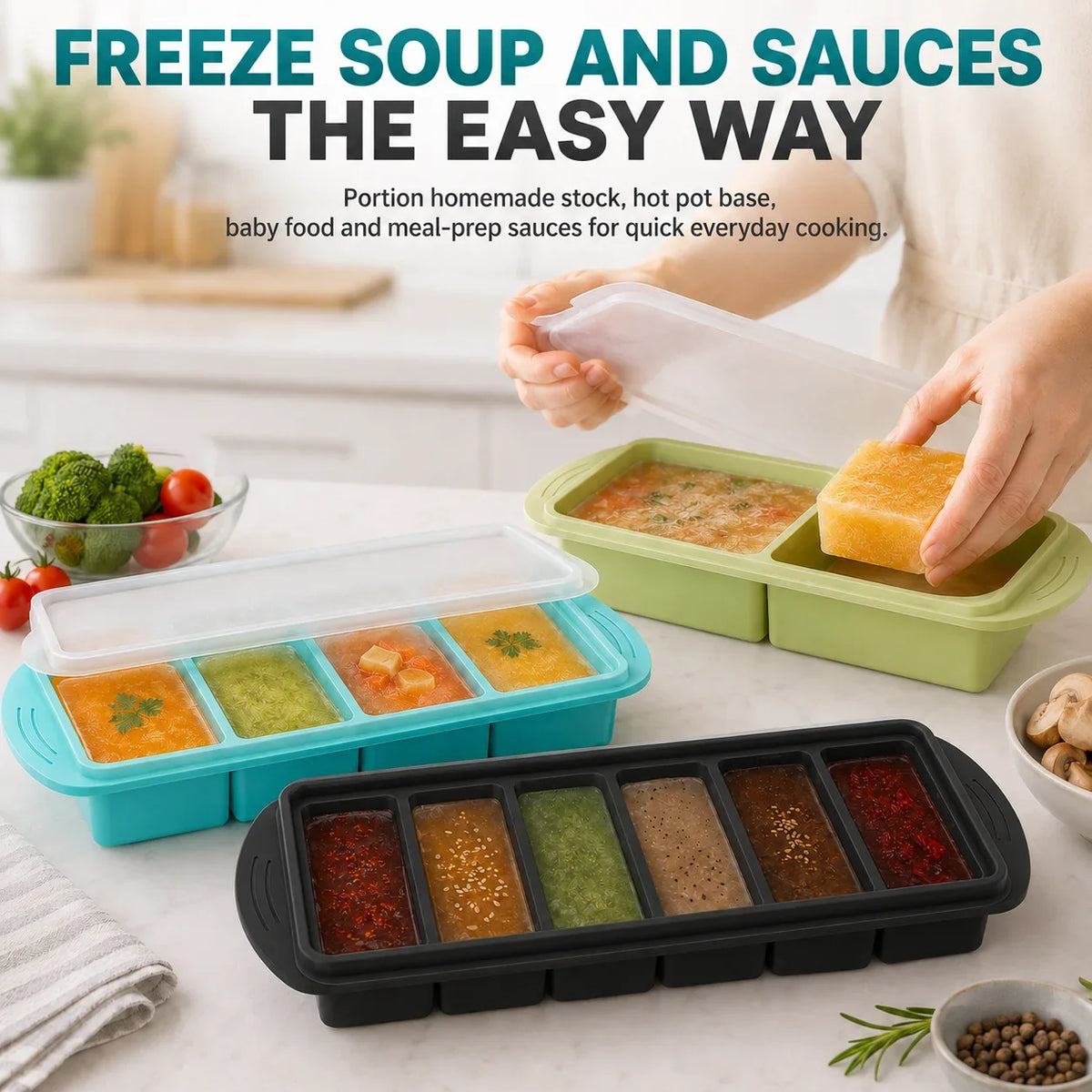 3-Pack Silicone Freezer Trays with Lids – 1 Cup Soup Molds