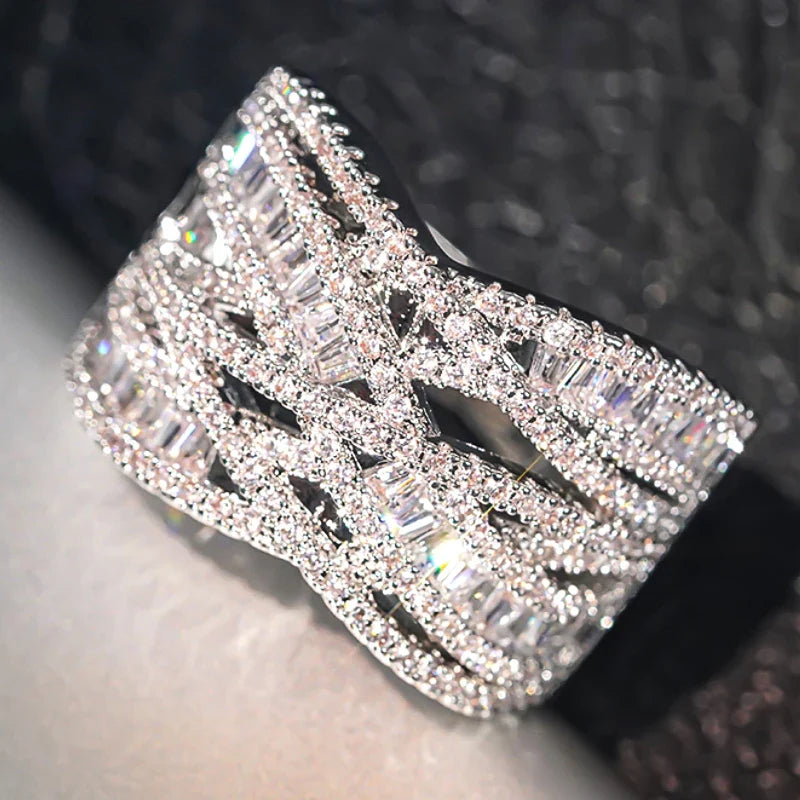 Huitan Cross Finger Ring – Silver CZ Pavé Fashion Ring for Women