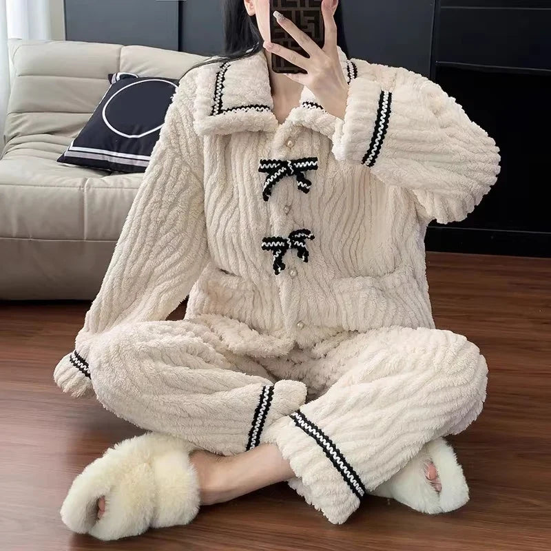 Women's Bow Pajama Set – Warm Thick Winter Sleepwear 2-Piece