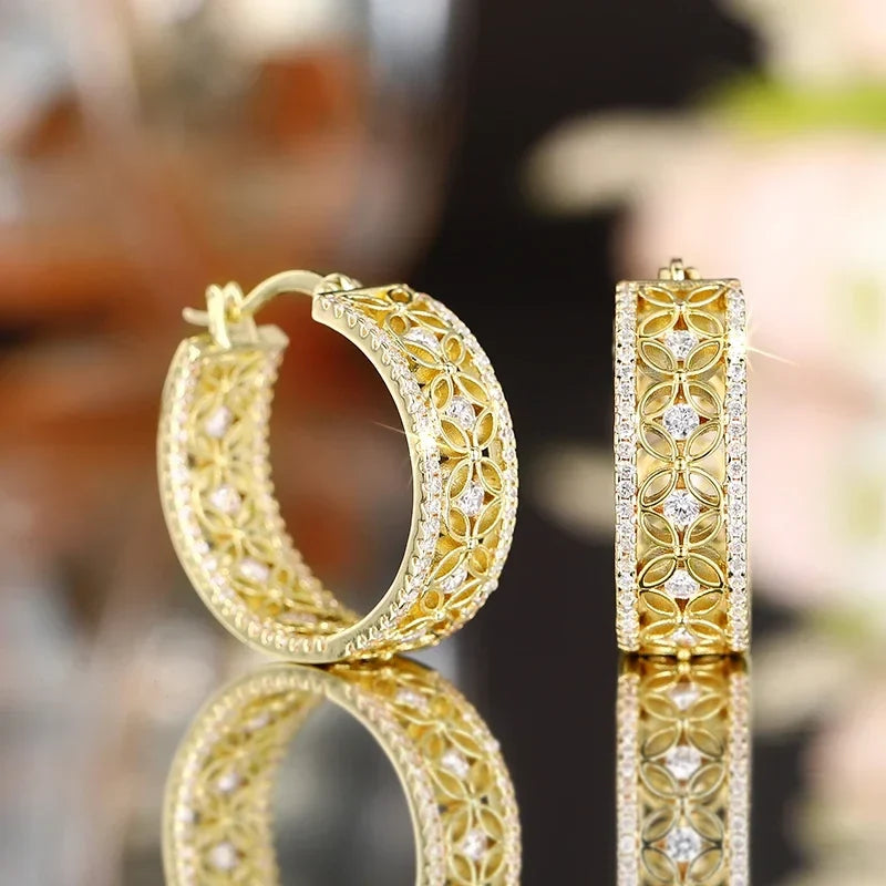 Huitan Gold CZ Hollow Flower Hoop Earrings | Bridal Jewelry