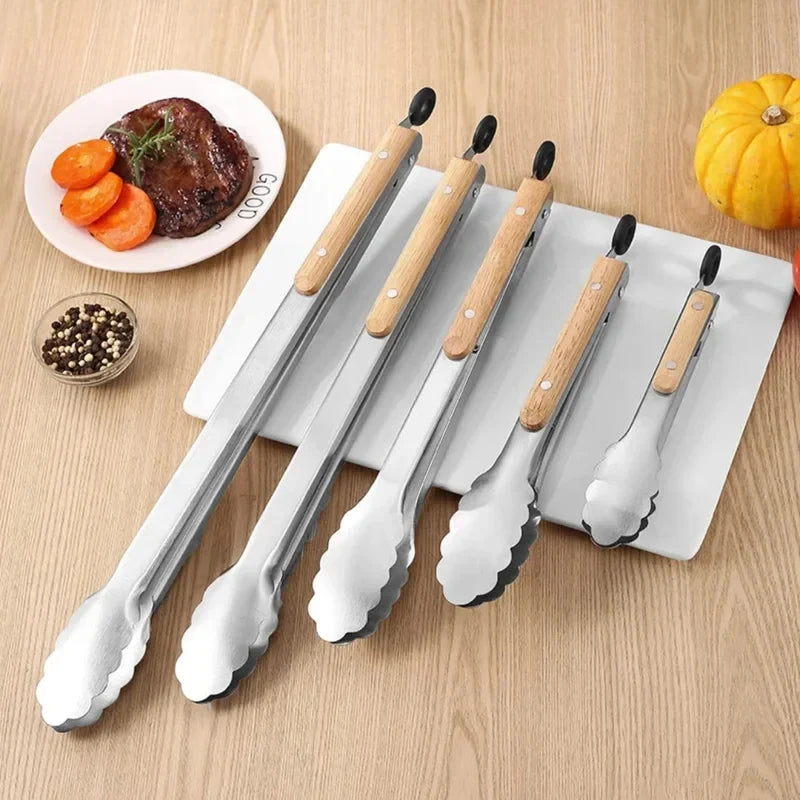 Leeseph Stainless Steel Food Tongs with Wooden Handle | 7–16"