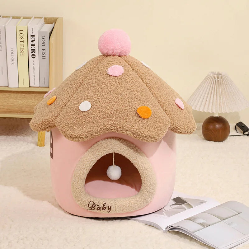 Mushroom House Cat Bed Pet Dog Shelter Winter Closed Warm Detachable