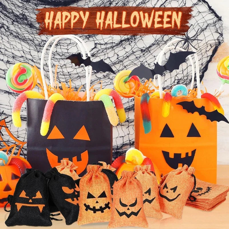 16-Pack Halloween Pumpkin Burlap Drawstring Candy Bags