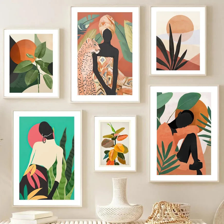 Abstract African Woman Floral Canvas Wall Art | Nordic Print