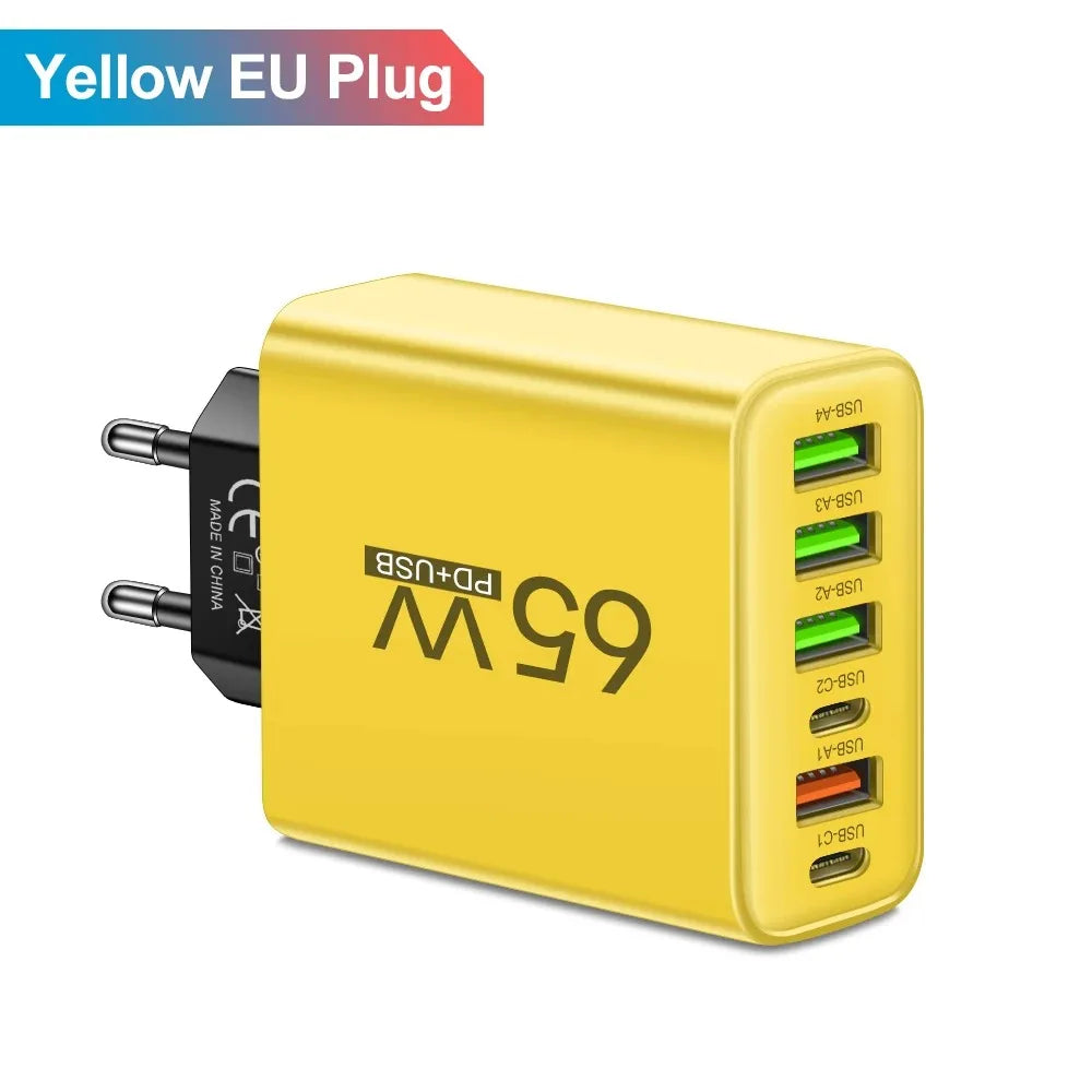 6-Port 65W USB-C Fast Charger Wall Adapter | EU & US Plug
