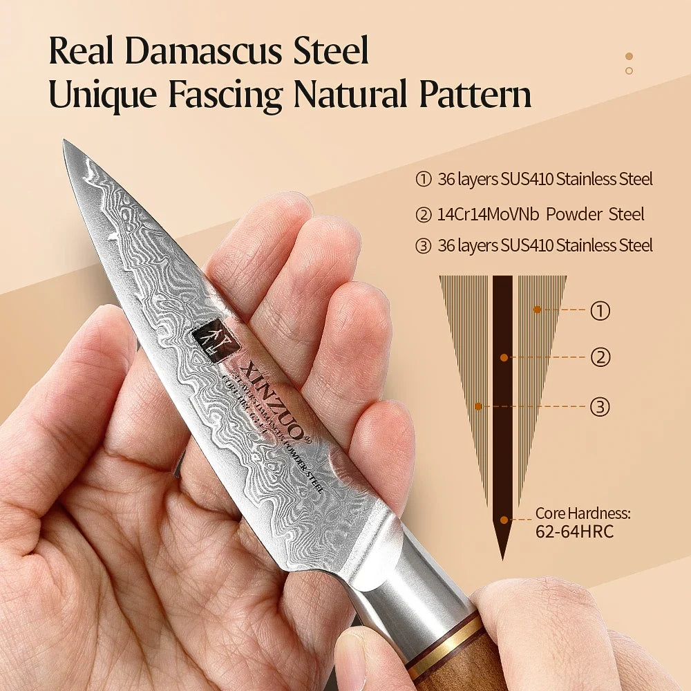 XINZUO 3.5" Damascus Steel Paring Knife – VG10 Core, Olive Wood