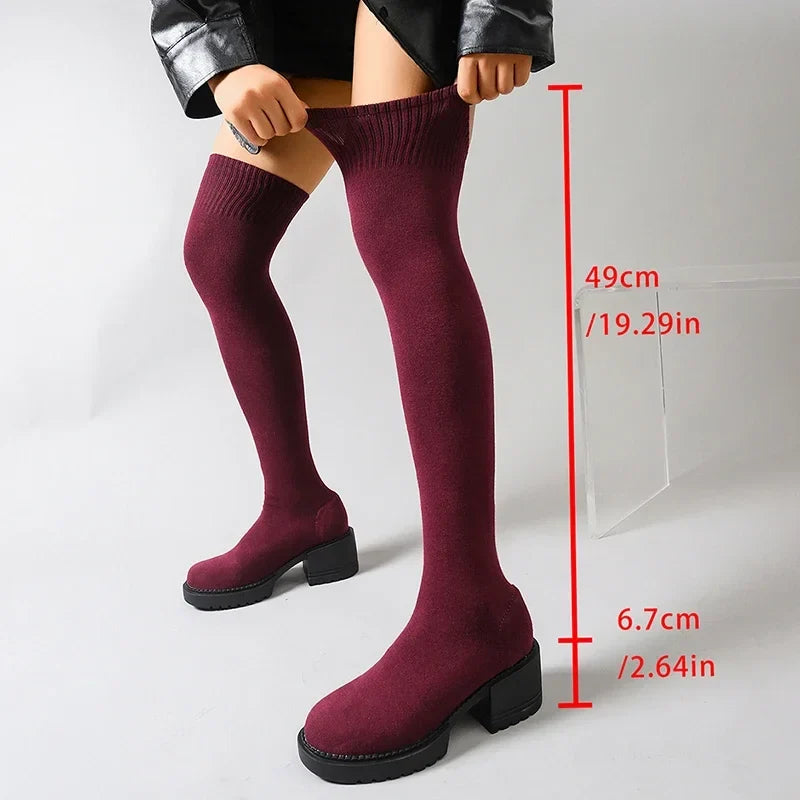 Women's Over-the-Knee Chunky Heel Stretch Knit Sock Boots