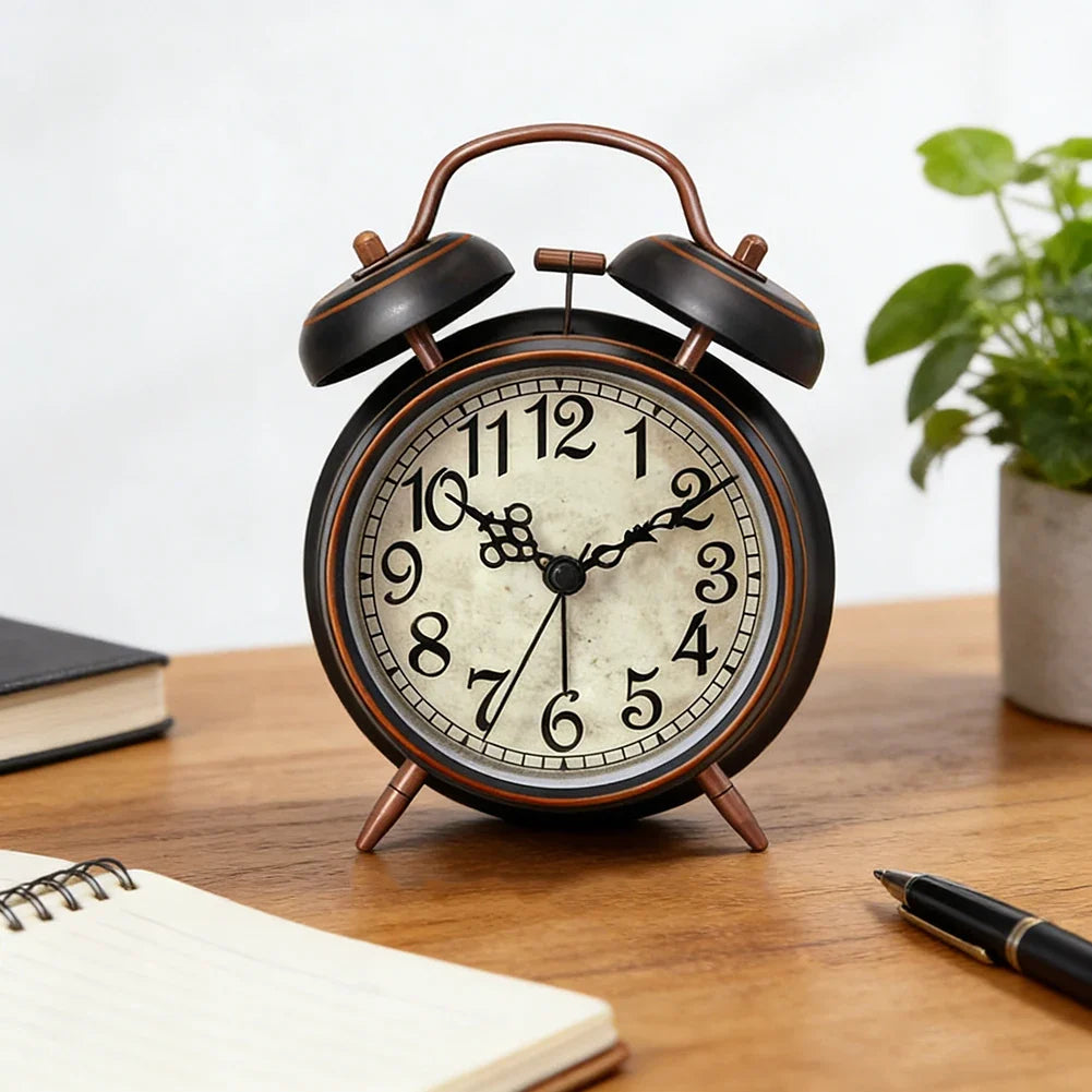 Antique Copper Twin-Bell Alarm Clock | Retro Silent Desk Clock