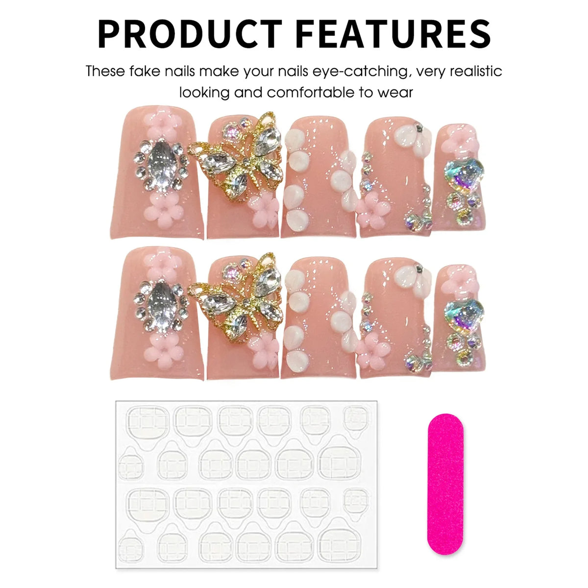 Handmade Press-On Nails Short Duck Tip Pink Floral Rhinestone 3D