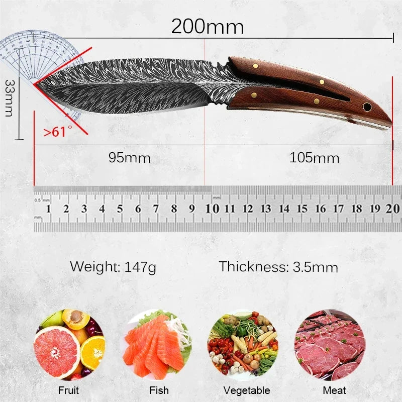 Feather Pattern Kitchen Knife with Sheath – Stainless Steel