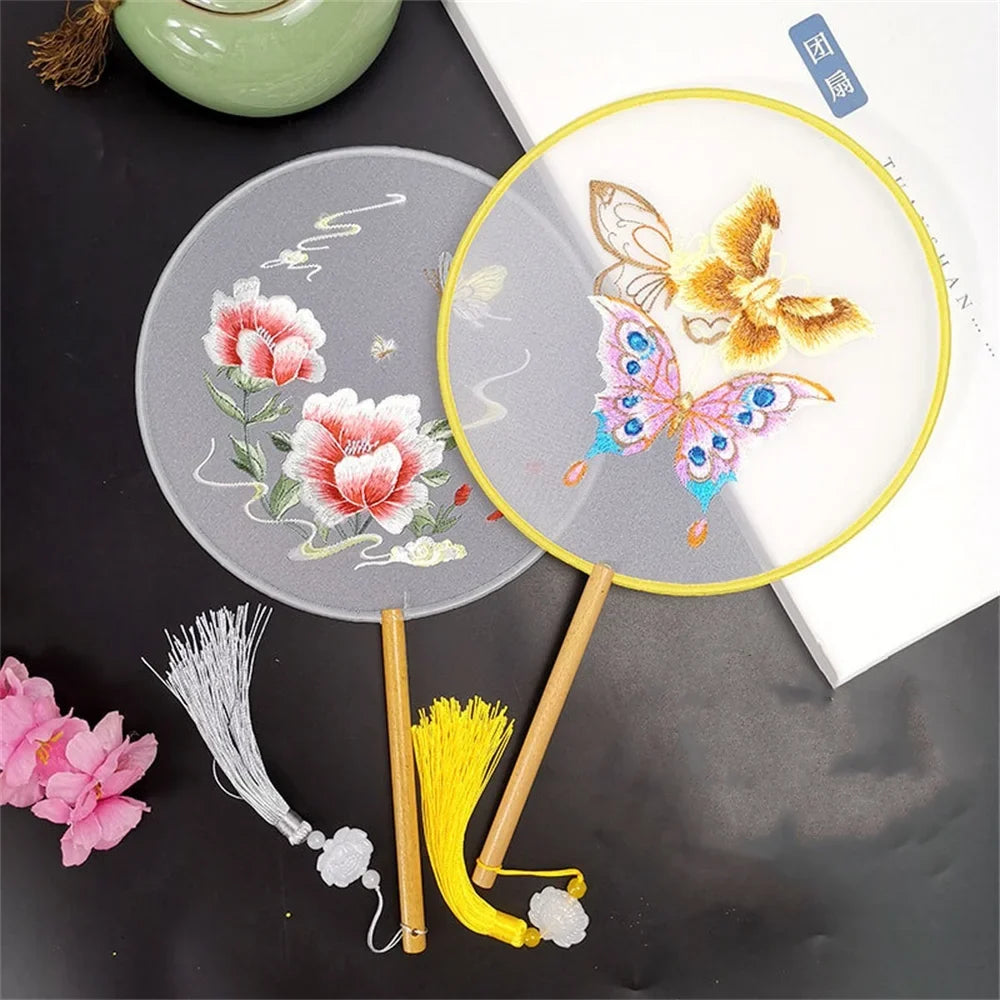 Round Double Sided Embroidery Fan Chinese Wooden Handle Pendant