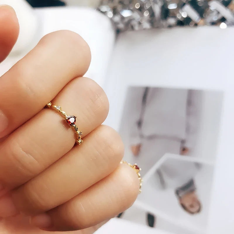 Huitan Red Heart CZ Ring – Gold Wedding Band for Women