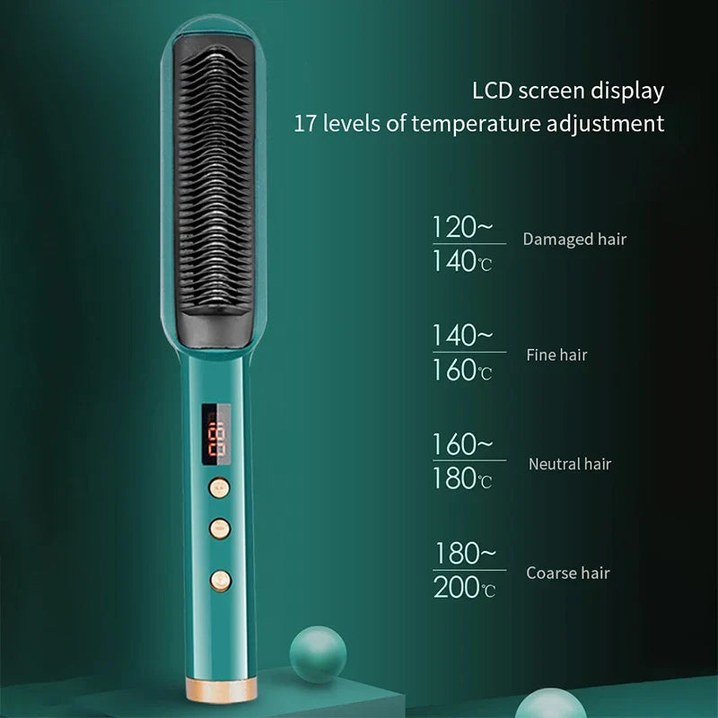 2-in-1 Negative Ion Hair Straightening Brush & Curling Comb LCD