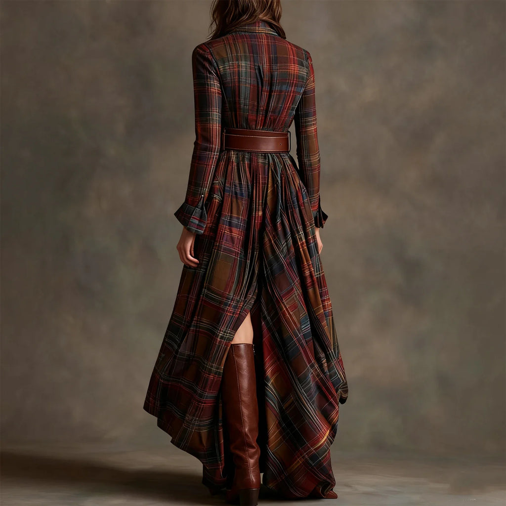 Retro Plaid Maxi Shirt Dress – Long Sleeve, Belt & Pockets