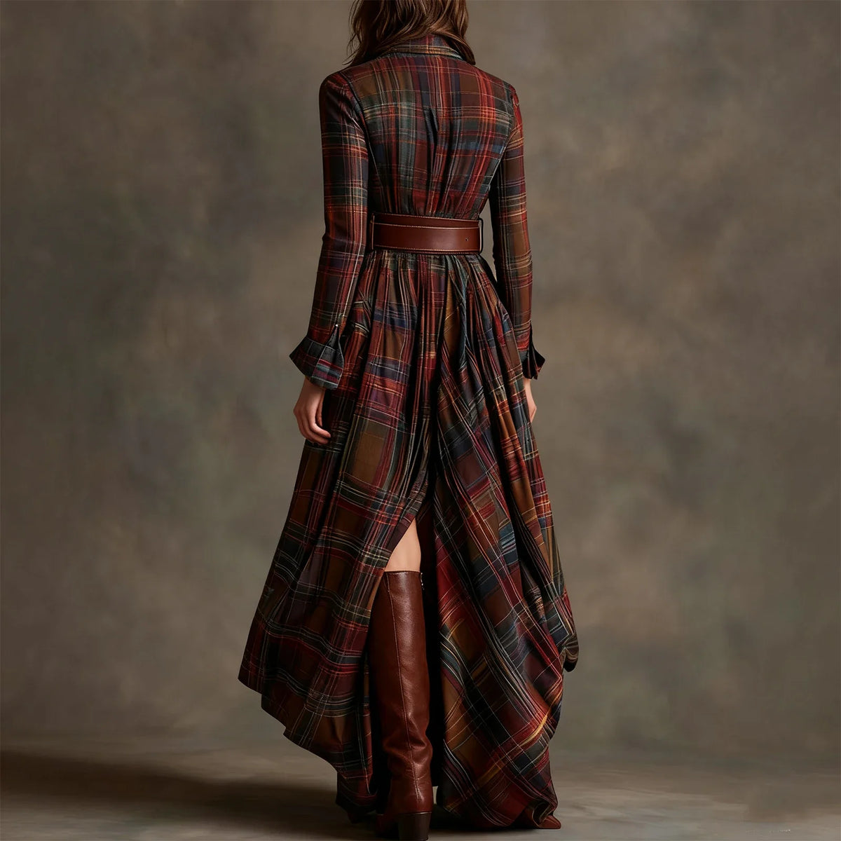 Retro Plaid Maxi Shirt Dress – Long Sleeve, Belt & Pockets