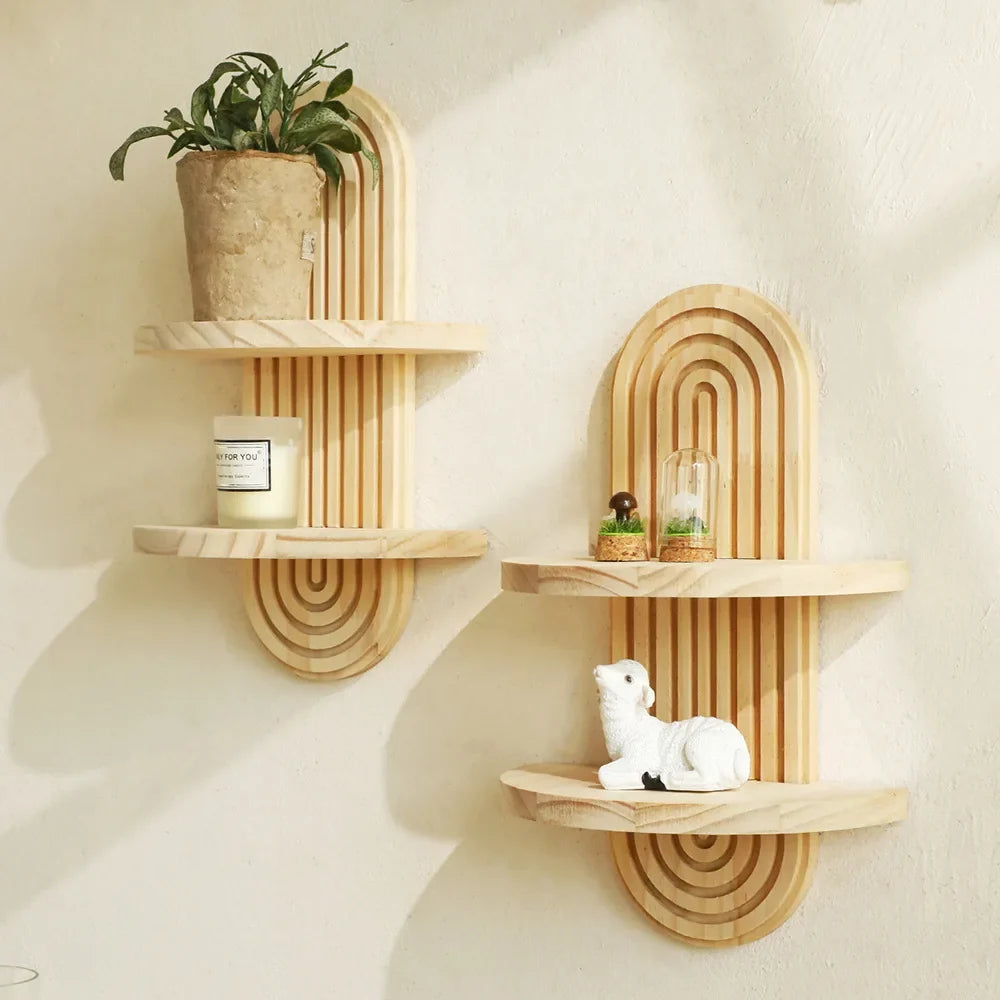 Bohemian Solid Wood Wall Shelf – Oval Flowerpot & Decor Holder