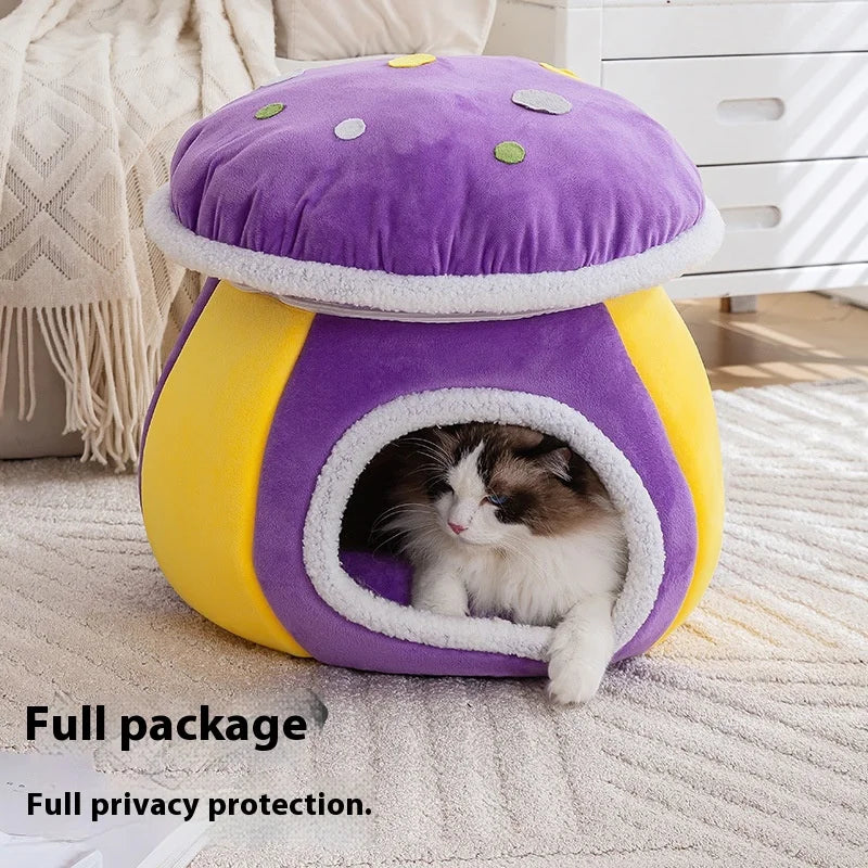 Mushroom Cat Bed Thickened Warm Winter Rabbit Plush Detachable