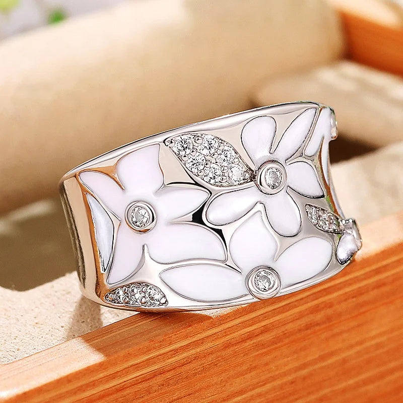 Huitan Enamel Flower Ring for Women | CZ Floral Fashion Ring
