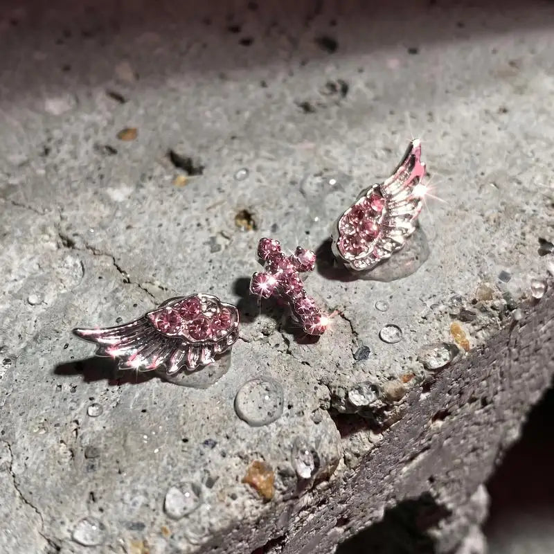 Vintage Punk Pink Zircon Wing Cross Earrings Set 3/4 Pcs