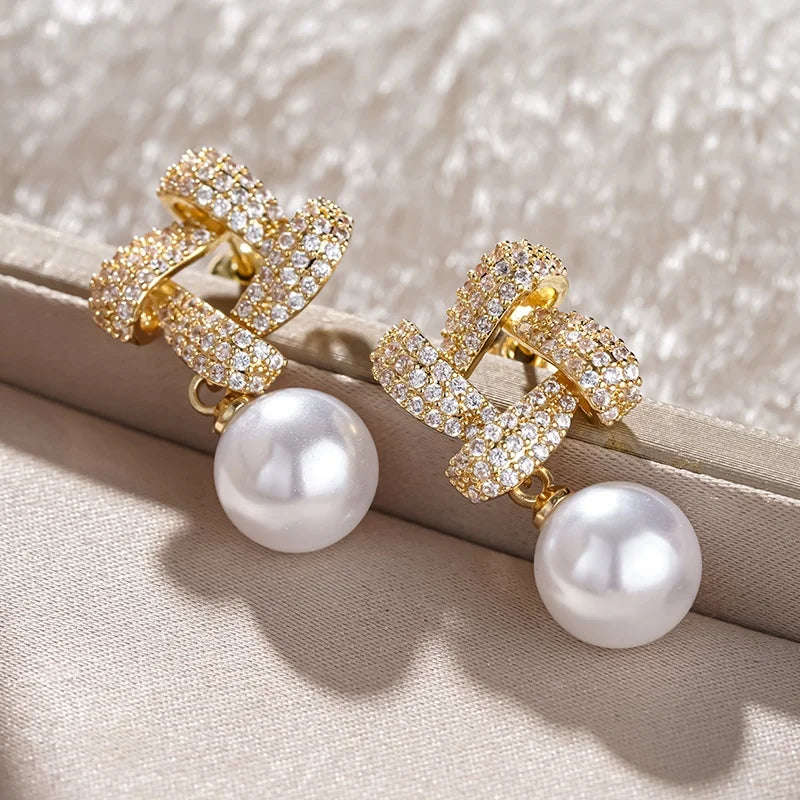 Huitan Pearl Drop Earrings – Cubic Zirconia Wedding Jewelry