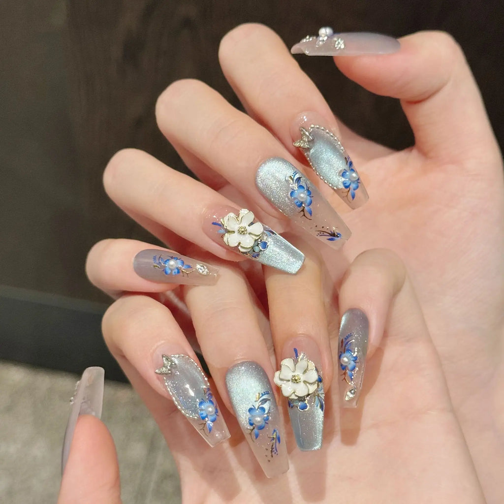 10pcs Chinese Style Press On Nails 3D Flowers Cat's Eye Blue Butterfly