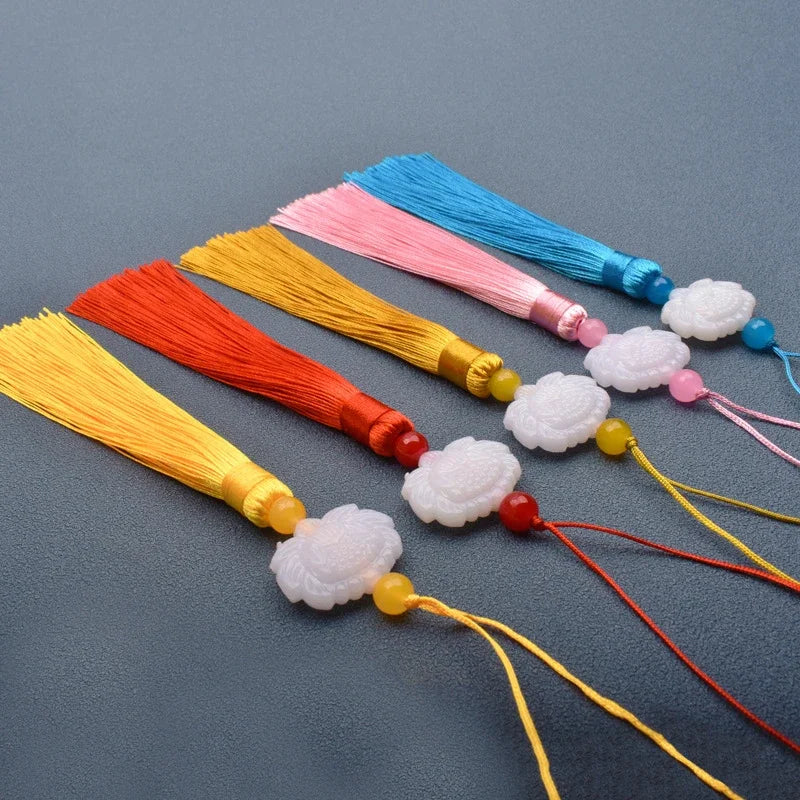 White Jade Lotus Fringe Trim Bookmark Silk Tassels Pendant DIY Sewing