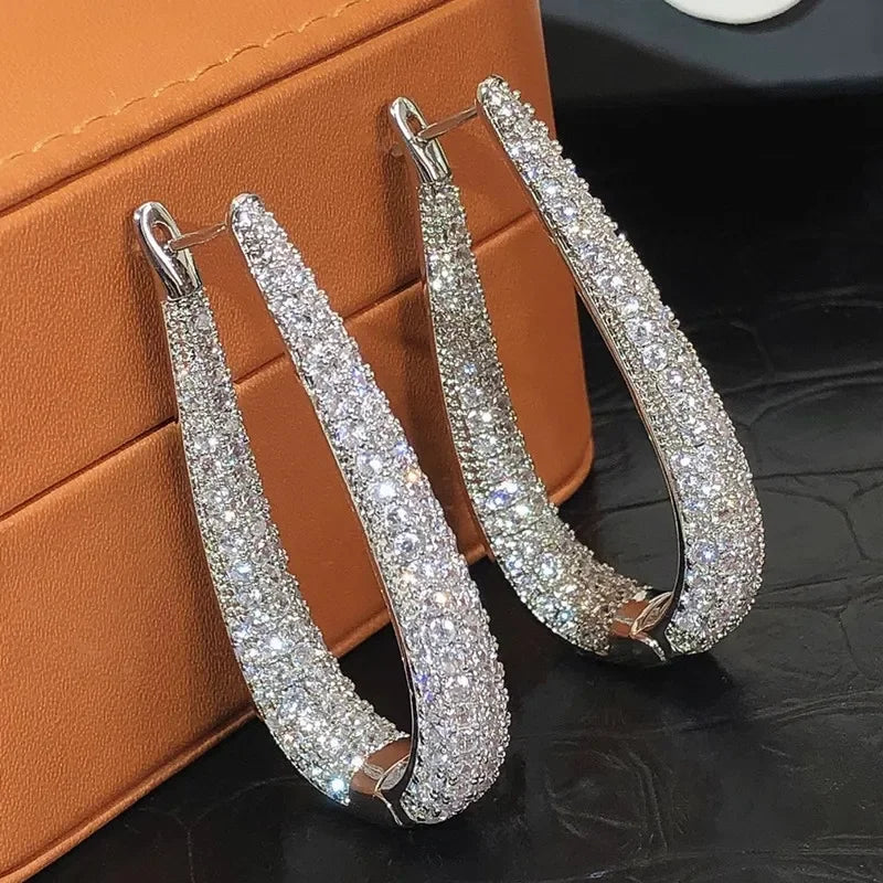 Huitan CZ Geometric Oval Hoop Earrings | Luxury Women's Jewelry