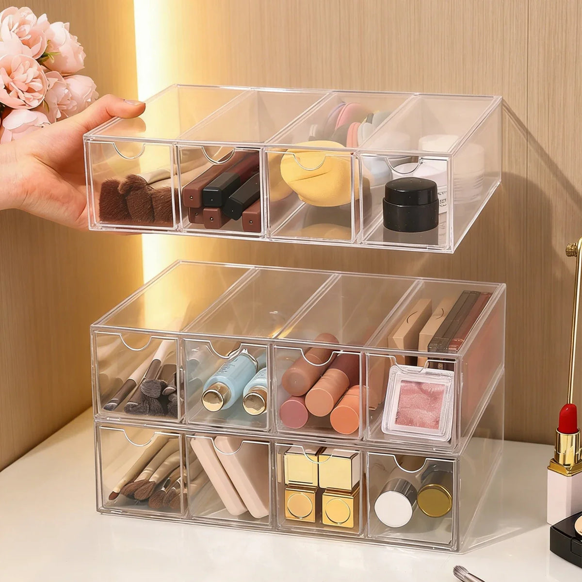 One Layer Four Grid Transparent White Acrylic Cosmetics Storage Box