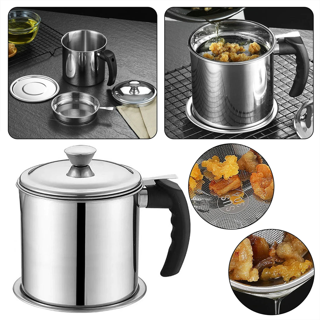 304 Stainless Steel Oil Filter Pot with Fine Mesh Strainer