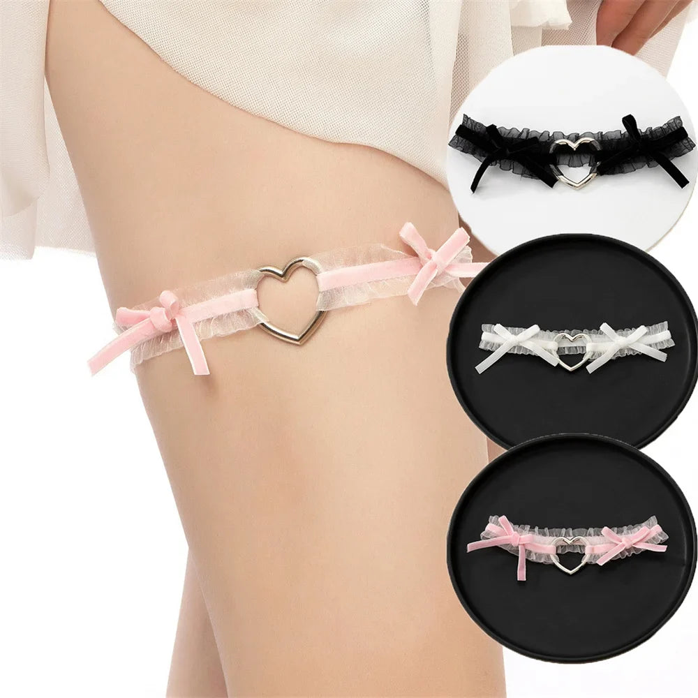 Lolita Lace Garters Leg Belt Punk Cross Heart Bow Ring Goth Elastic