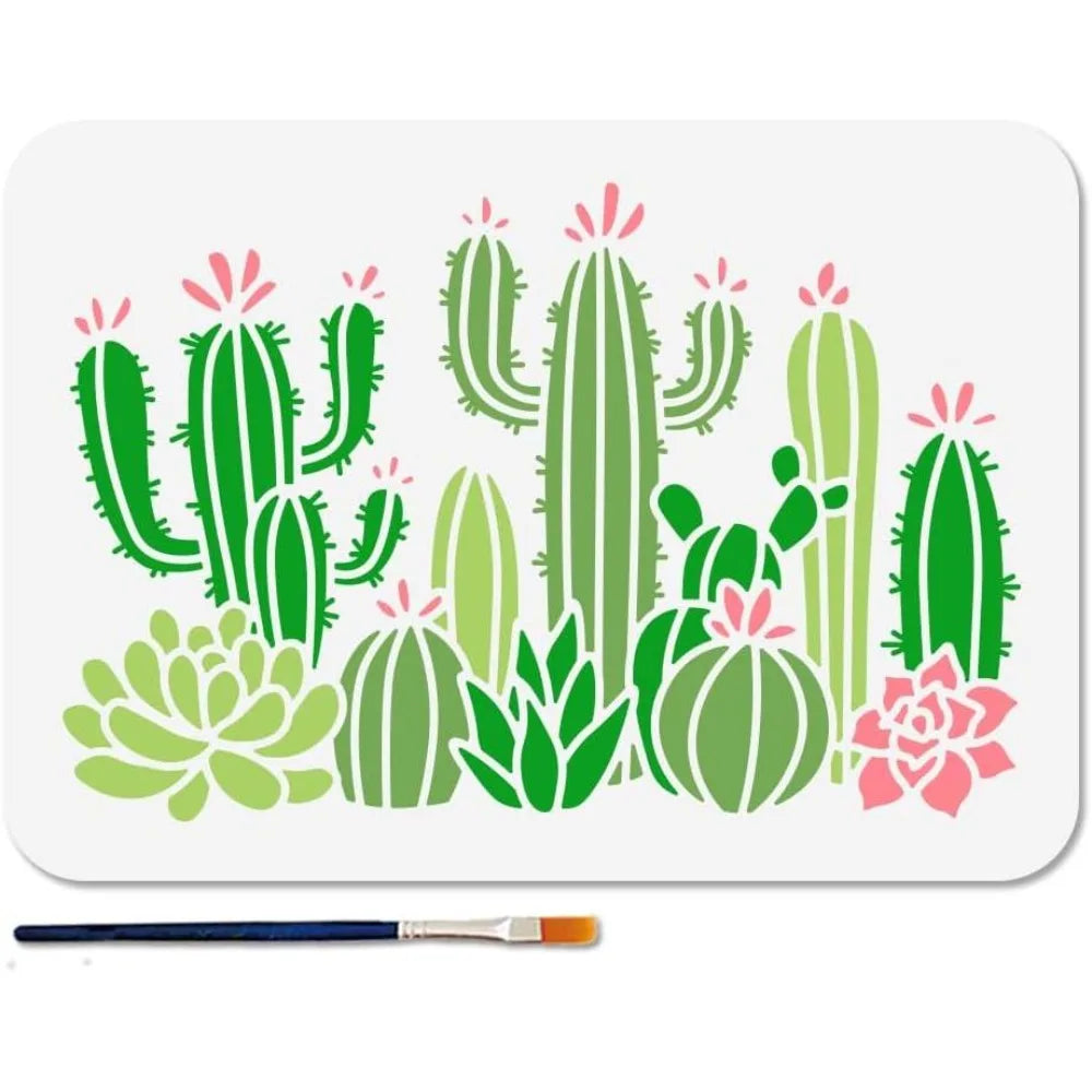 Cactus Succulent Reusable Stencil 11.7×8.3" with Paint Brush