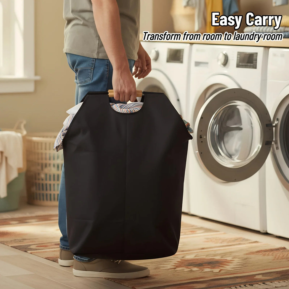 Foldable Laundry Basket Extra Large Storage Hamper Wooden Handles