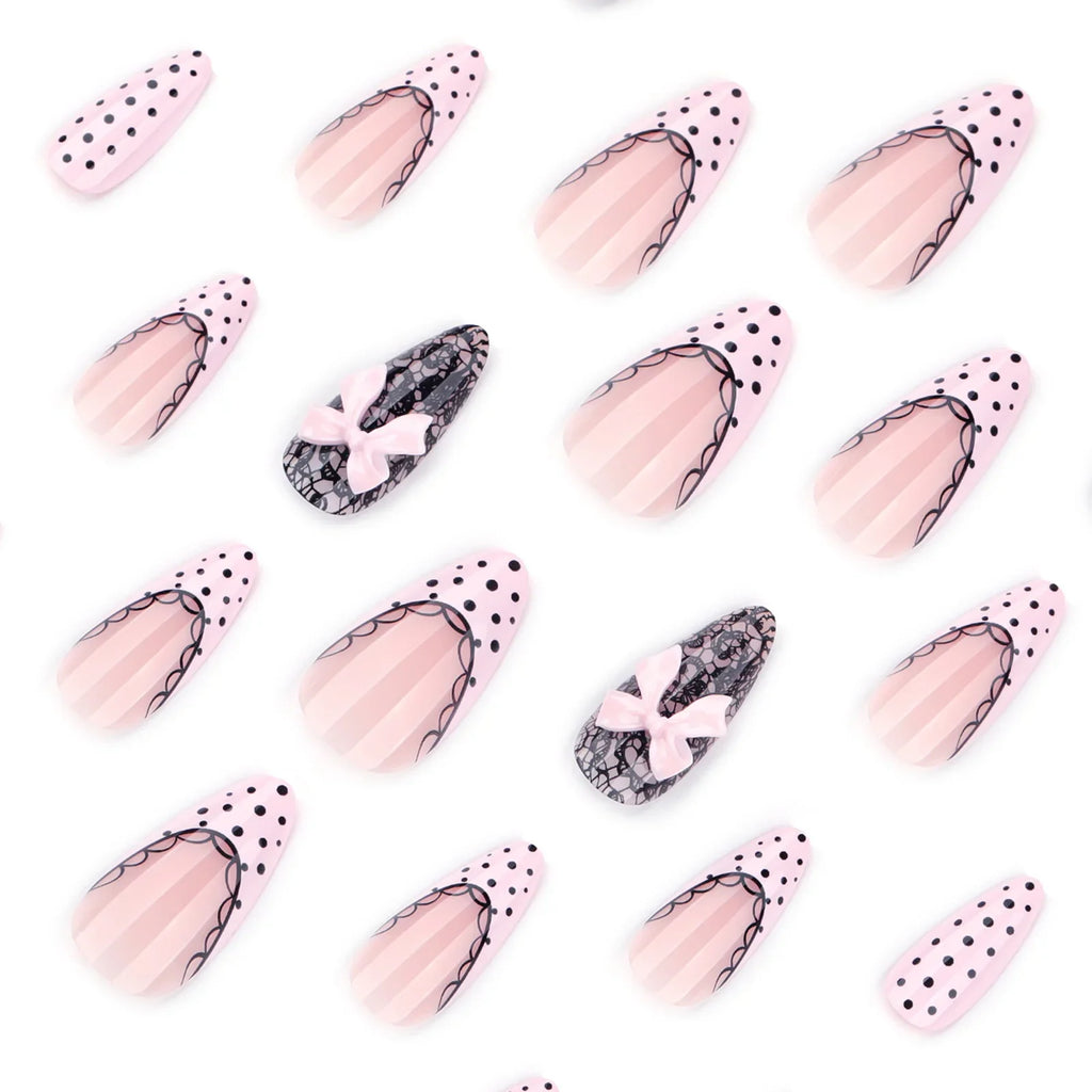 24pc Almond Press On Nails – French Black Polka Dot & 3D Pink Bow