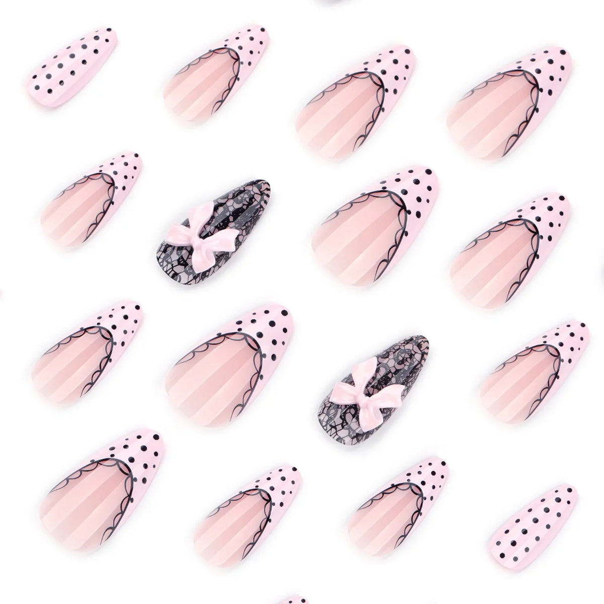 24pc Almond Press On Nails – French Black Polka Dot & 3D Pink Bow