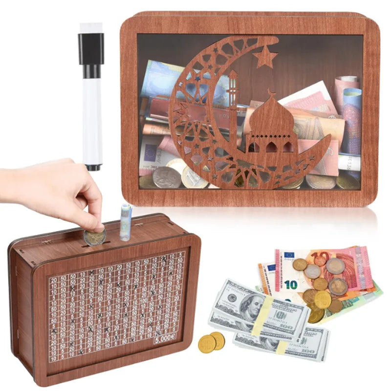 Wooden Money Box Counter Vintage Palace-style Transparent Piggy Bank