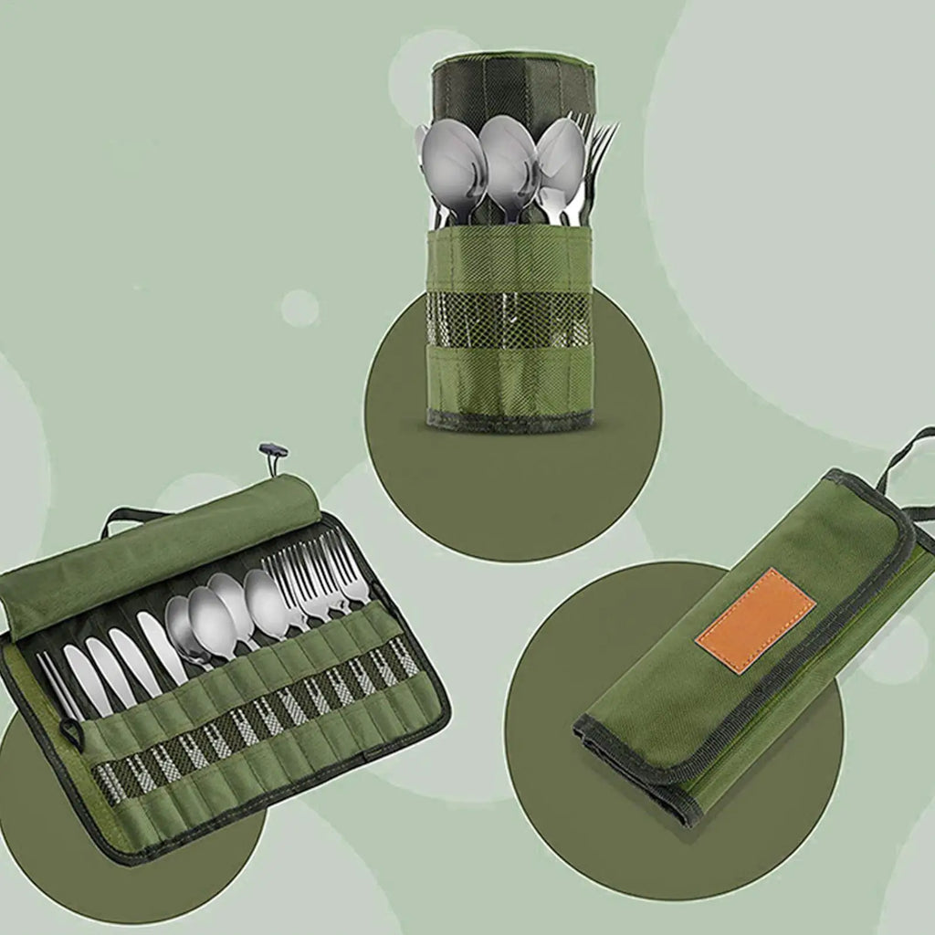 Outdoor Cutlery Roll-Up Bag – 13-Pocket Travel Pouch