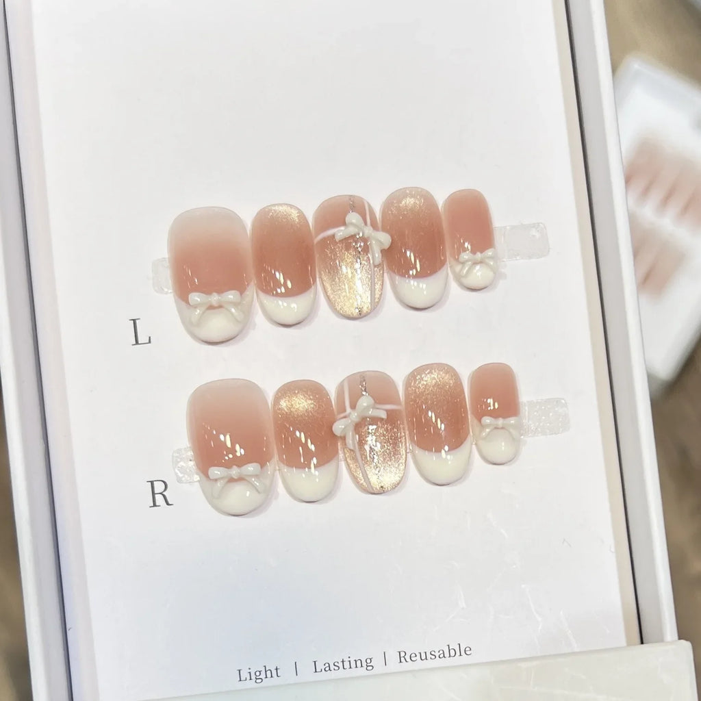 Handmade French Cat Eye Press On Nails – White Bow Short Round