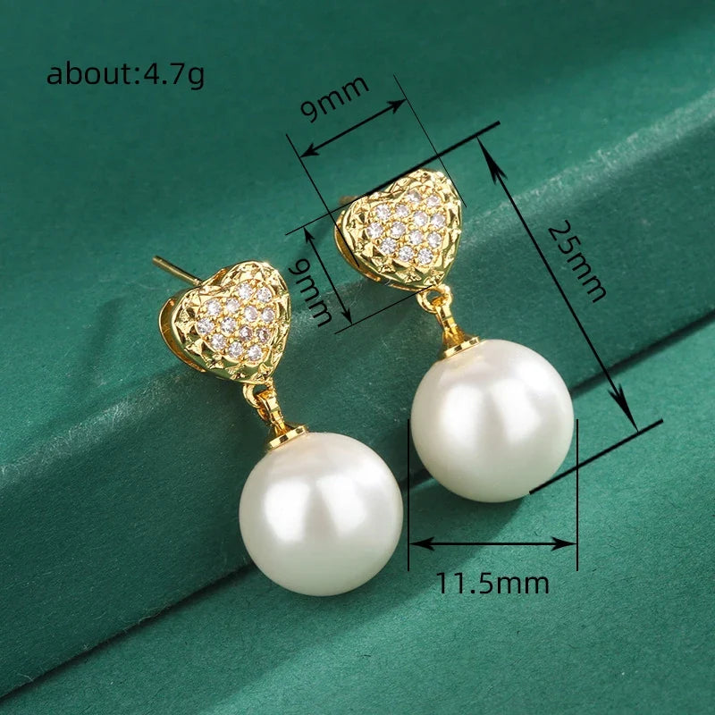 Huitan Pearl Drop Earrings – Heart Cubic Zirconia Women's Jewelry