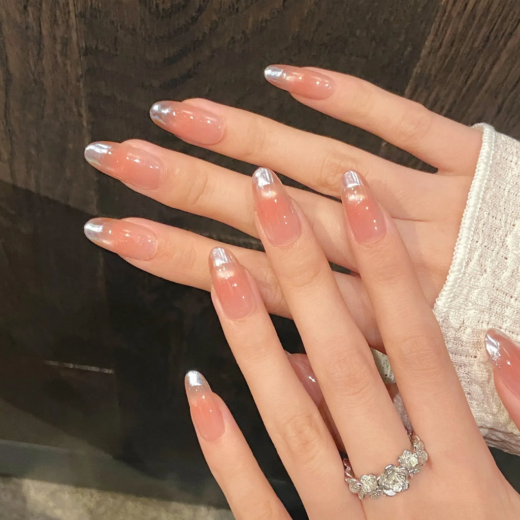 10pcs Handmade Press On Nails – Pink Blush French Cat Eye