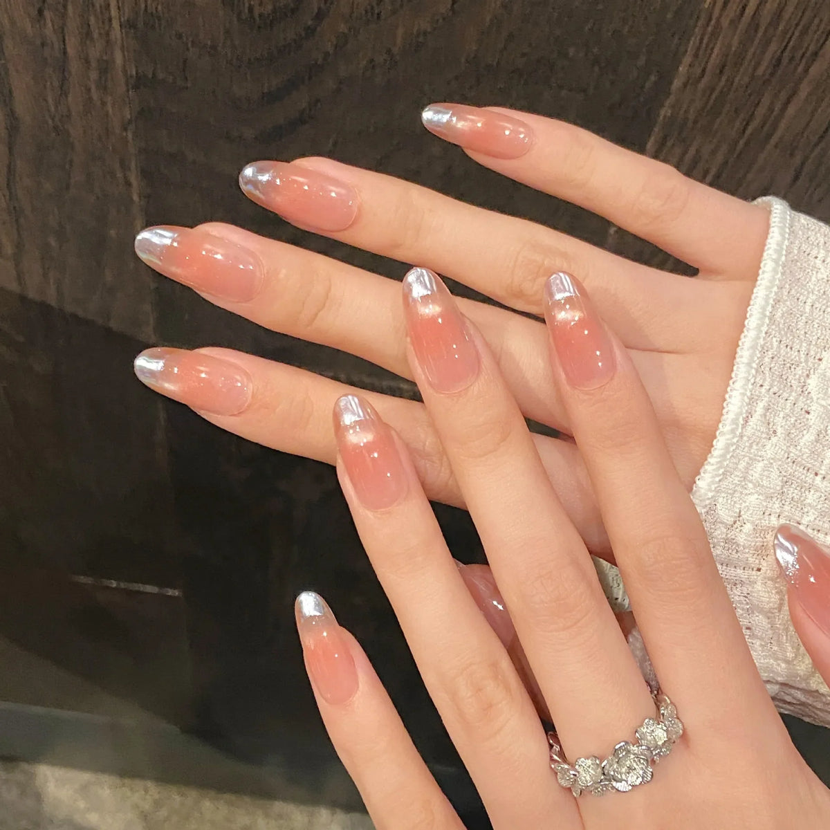 10pcs Handmade Press On Nails – Pink Blush French Cat Eye