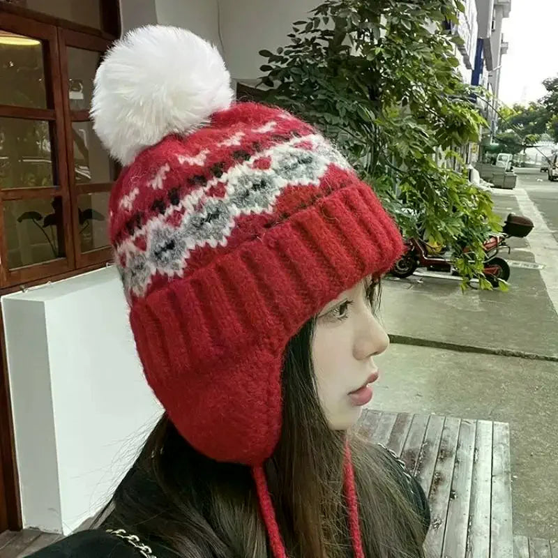 Fair Isle Jacquard Knit Beanie with Pom-Pom & Ear Flaps