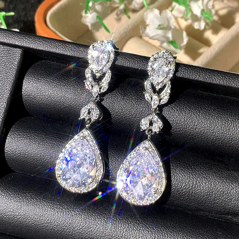 Huitan CZ Drop Earrings – Silver Elegant Wedding Jewelry