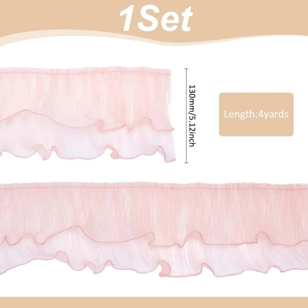 4 Yards Pink Organza Pleated Lace Ribbon Trim 5-1/8 Inch
