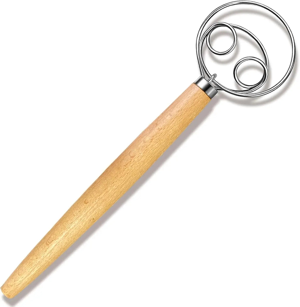 Danish Dough Whisk Traditional Wooden Handle Stainless Steel Hook