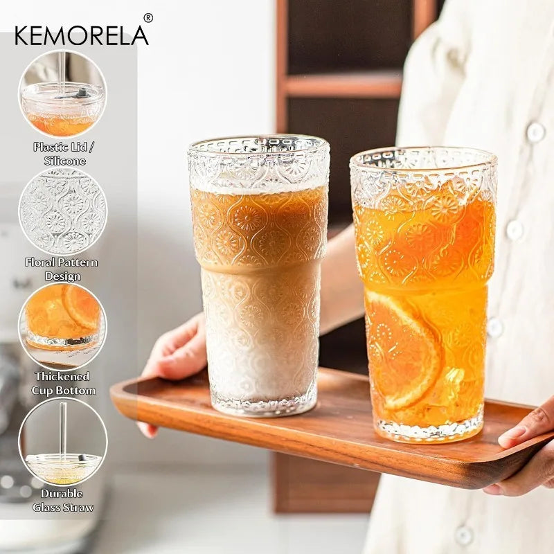 KEMORELA 600ml Begonia Glass Tumbler with Lid & Straw | 1-2 PCS