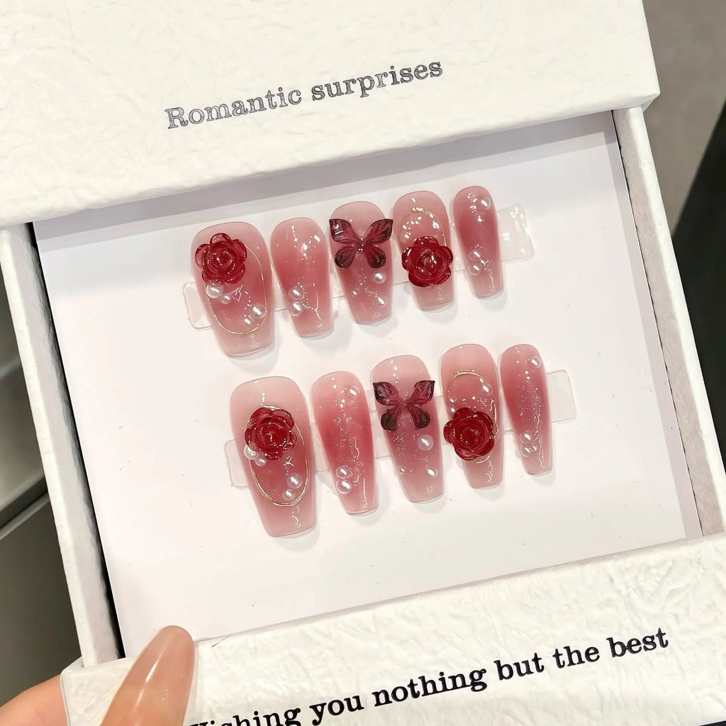 3D Butterfly Pearl Rose Press On Nails | Korean False Nails