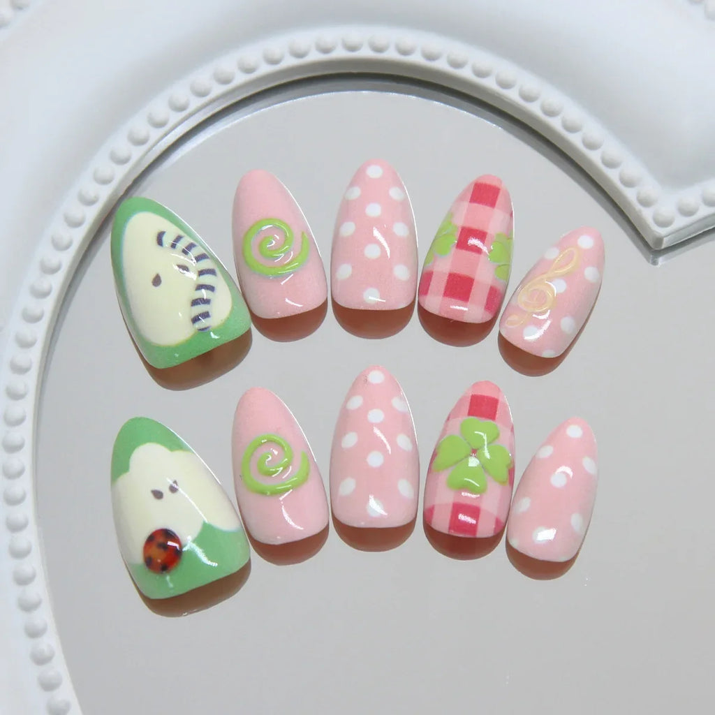 Press Nails Cute 3D Fruit Resin Fake Sweet Polka Dot Manicure Almond