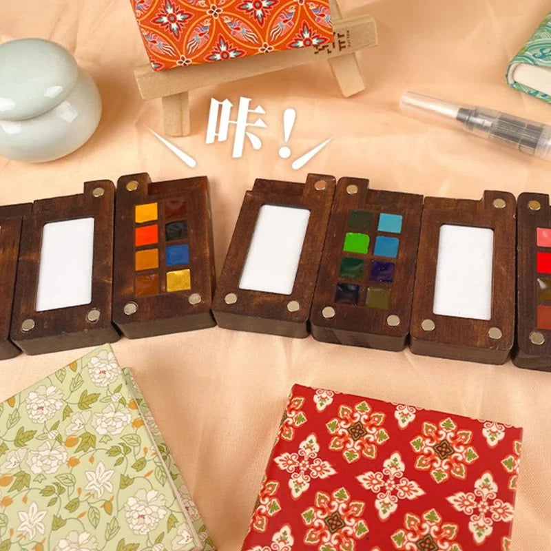 Wooden Box Watercolor Paint 8 Colors Walnut Mini Solid Dispenser Boxes